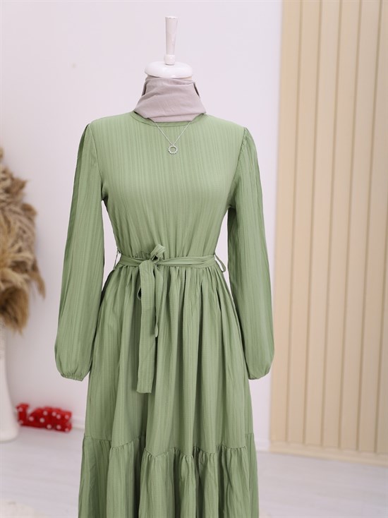 Kolları Lastikli Beli Bağlamalı Tesettür Elbise -F.Yeşili
