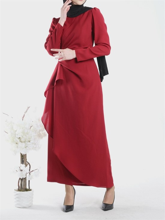 Önü Allerli Eteği Asimetrik Krep Elbise      -Kırmızı
