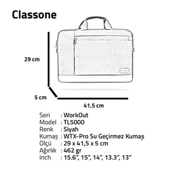Classone WorkOut Serisi TL5000 WTXpro Su Geçirmez Kumaş 15.6 inch Laptop , Notebook Çantası -Siyah (TL5000)-1216-TL5000-R01