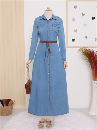 Boydan Düğmeli Kemerli Kot Elbise-Açık Mavi