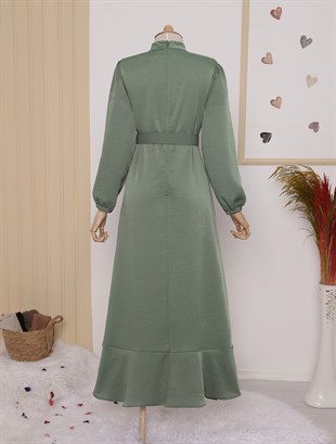Eteği Fırfırlı Kolu Lastikli Kemerli Elbise -Yeşil