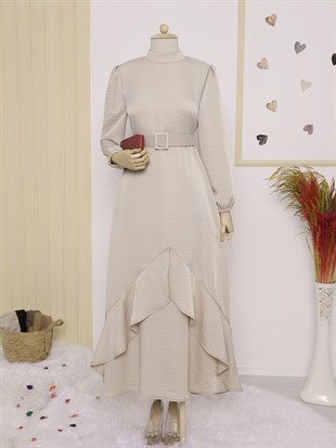 Eteği Fırfırlı Kolu Lastikli Kemerli Elbise -Bej