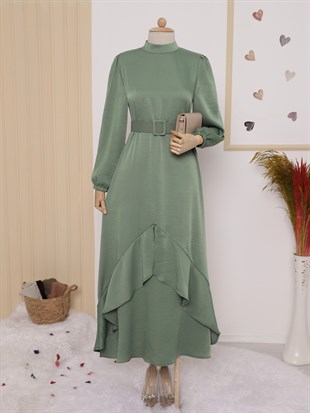 Eteği Fırfırlı Kolu Lastikli Kemerli Elbise -Yeşil