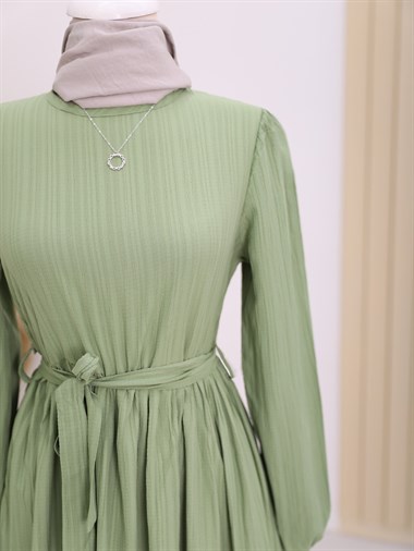 Kolları Lastikli Beli Bağlamalı Tesettür Elbise -F.Yeşili