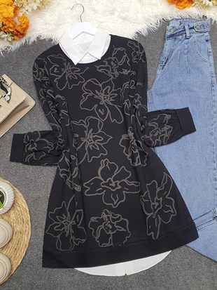 Kolları ve Önü Kabartma Çiçek Baskı Tunik -Siyah