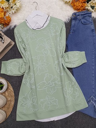 Kolları ve Önü Kabartma Çiçek Baskı Tunik -Su Yeşili