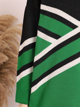 Y Desen Çift Plak Pike Örgü Triko Tunik -Yeşil