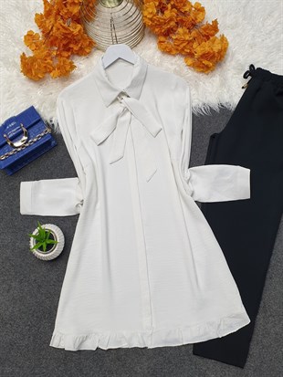 Yakası Bağcıklı Eteği Fırfırlı Ayrobin Gömlek Tunik -Beyaz