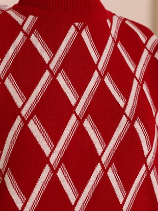 Yarım Boğazlı Baklava Desen Çift Plak Triko Tunik -Kırmızı